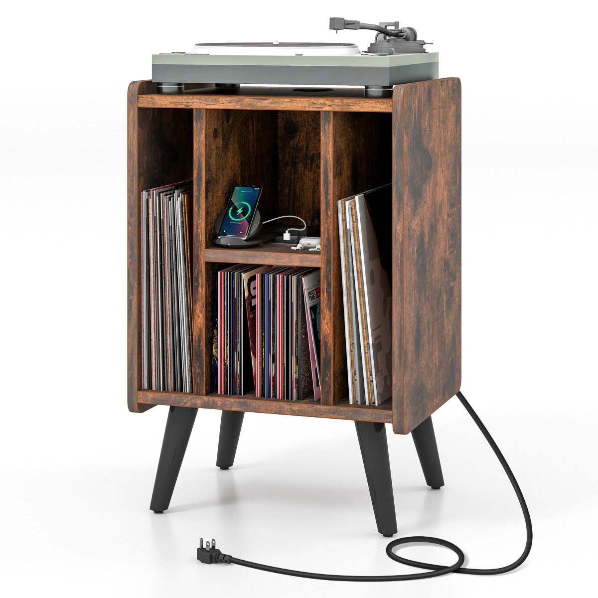 Vinyl Record Storage Turntable Stand with 4 Open Shelves-Brown