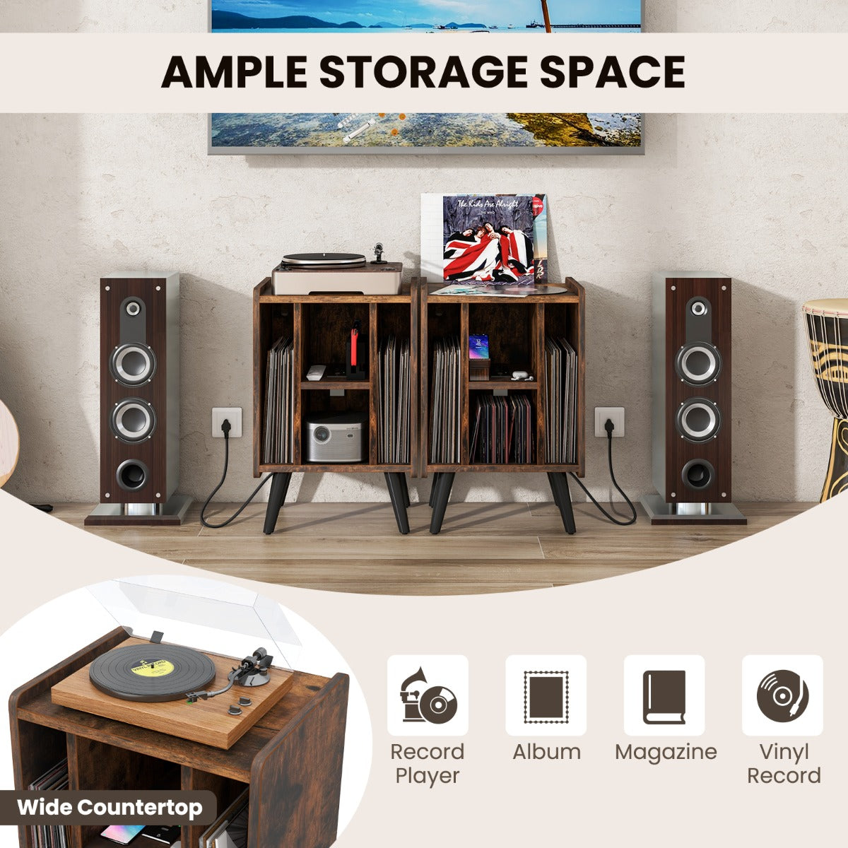 Vinyl Record Storage Turntable Stand with 4 Open Shelves-Brown