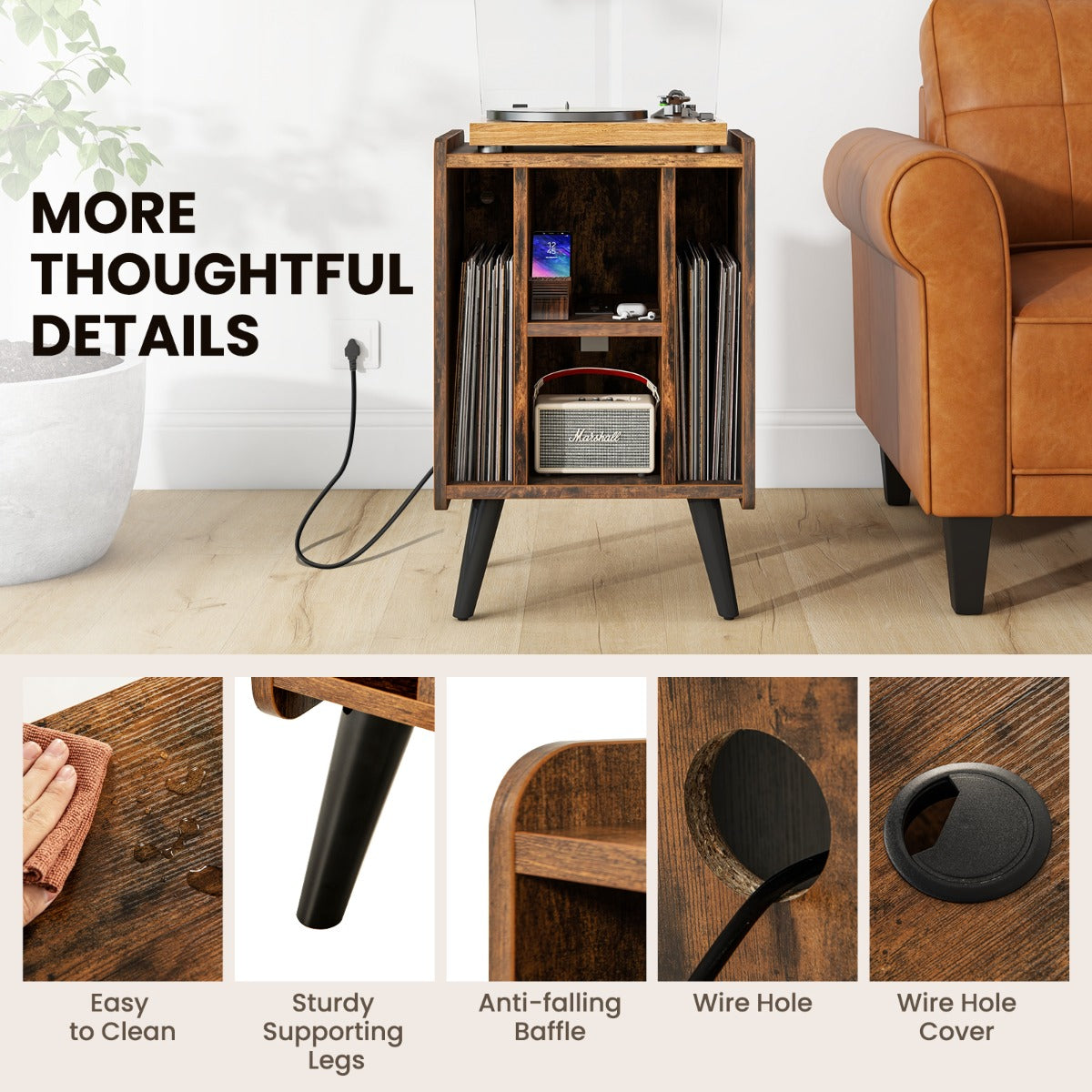 Vinyl Record Storage Turntable Stand with 4 Open Shelves-Brown