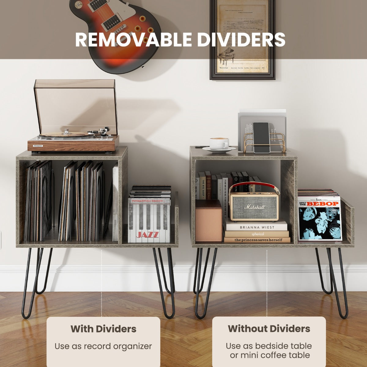 Record Player Stand Turntable Stand with Vinyl Divider and Display Shelf-Grey
