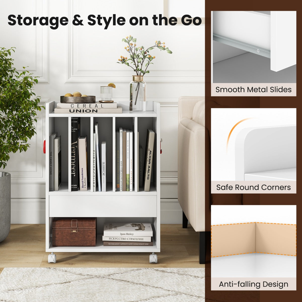 Record Player Stand with Drawer and Lockable Wheels-White