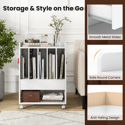 Record Player Stand with Drawer and Lockable Wheels-White