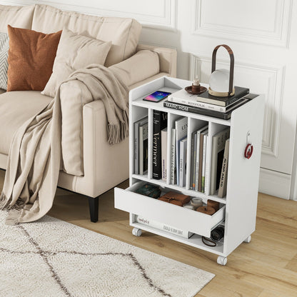Record Player Stand with Drawer and Lockable Wheels-White