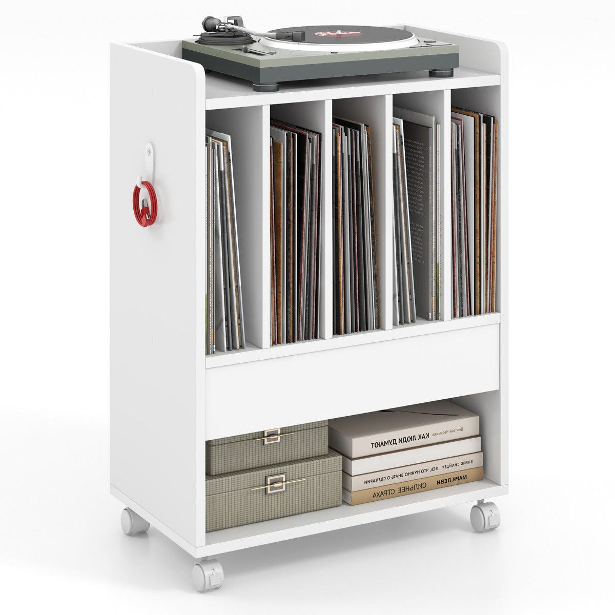 Record Player Stand with Drawer and Lockable Wheels-White