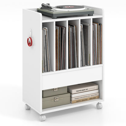 Record Player Stand with Drawer and Lockable Wheels-White