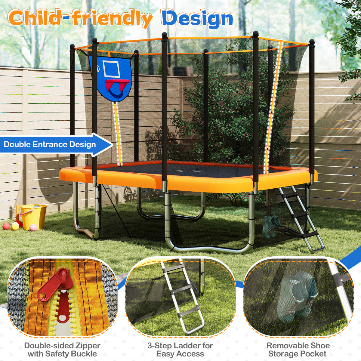 Rectangle Outdoor Trampoline 10 x 8 FT Heavy-Duty Trampoline-Orange
