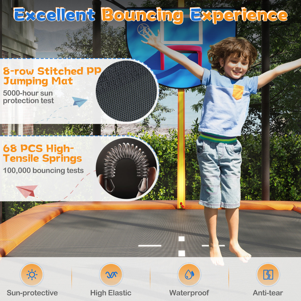Rectangle Outdoor Trampoline 10 x 8 FT Heavy-Duty Trampoline-Orange