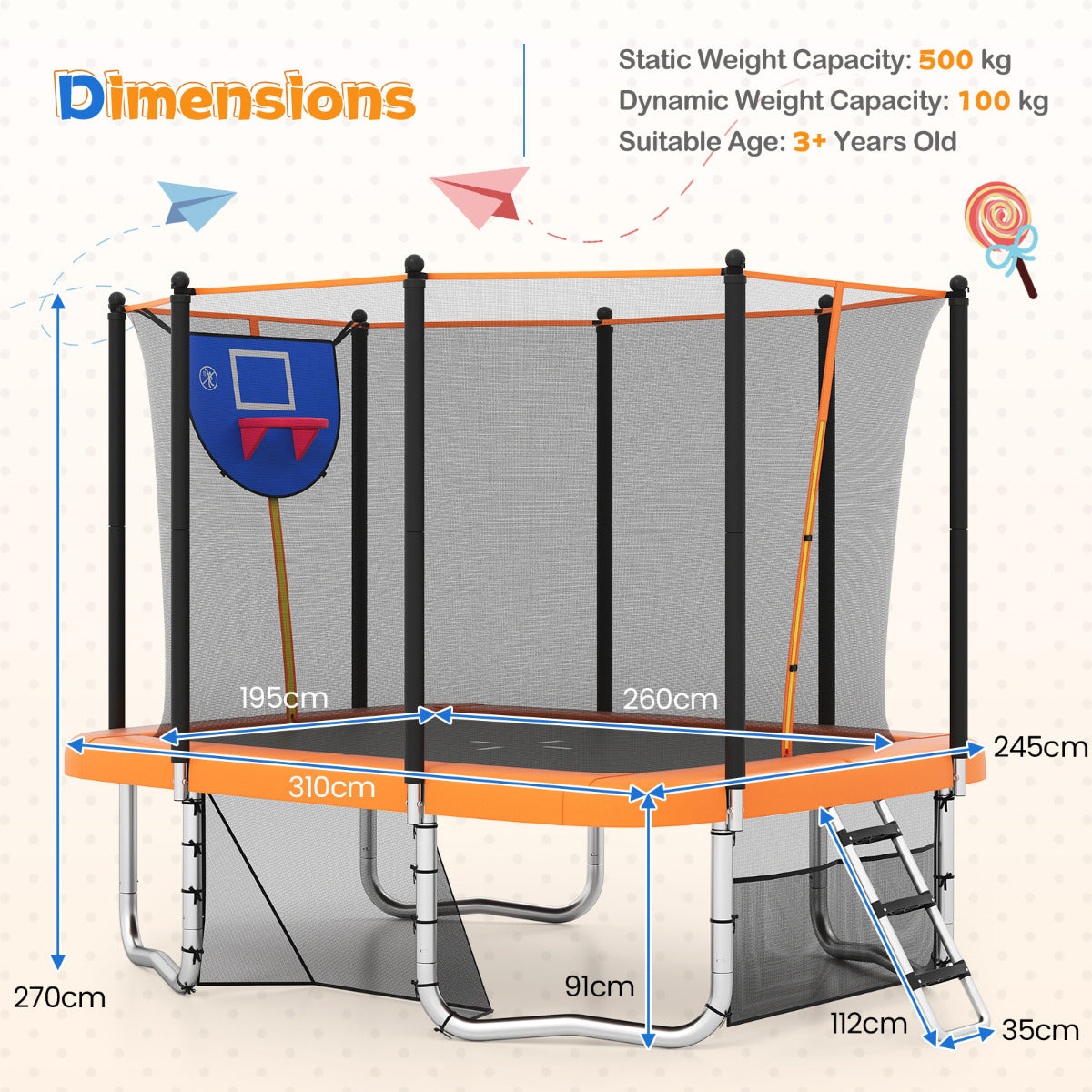 Rectangle Outdoor Trampoline 10 x 8 FT Heavy-Duty Trampoline-Orange