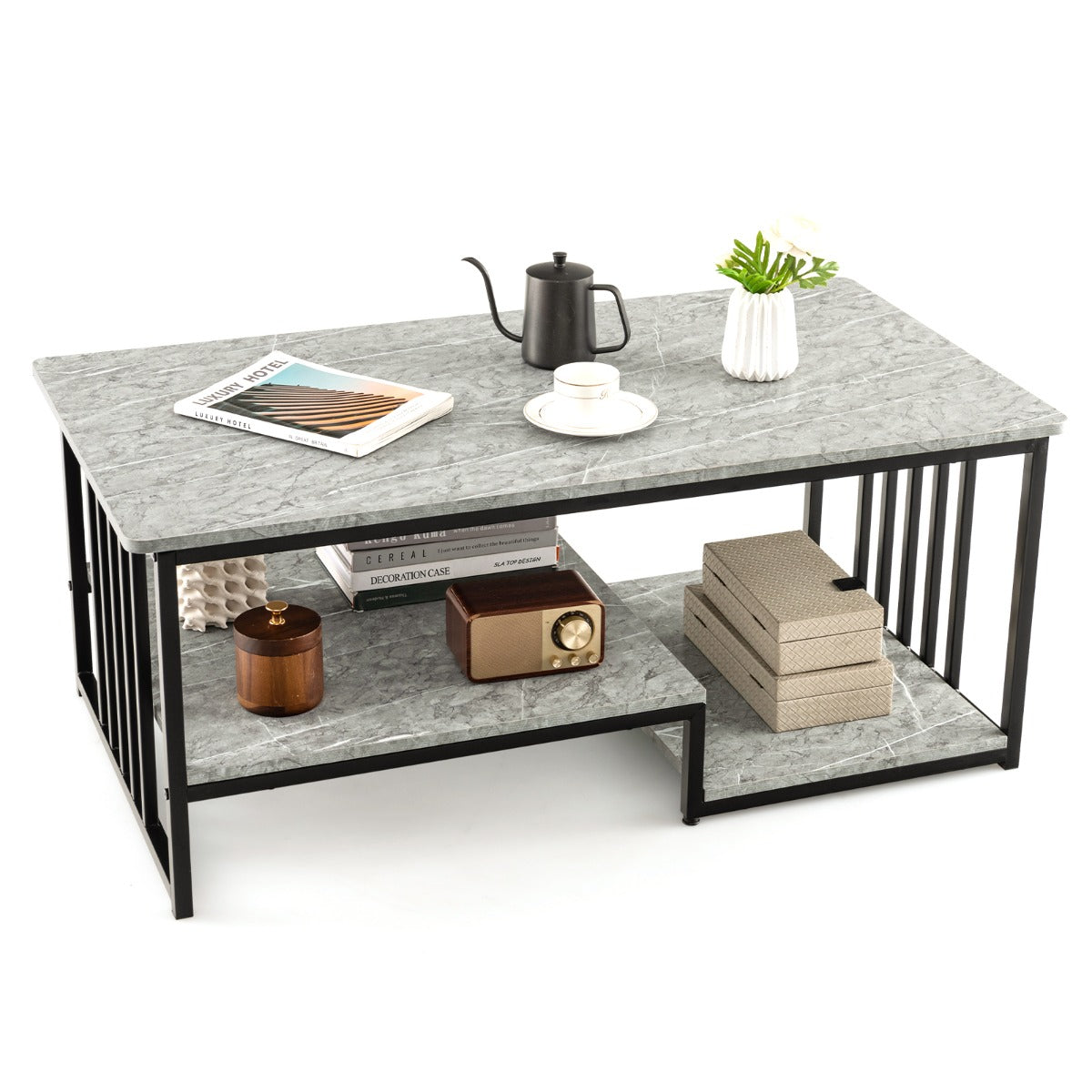 Costway Rectangular 2-Tier Faux Marble Coffee Table with Open Storage Shelf