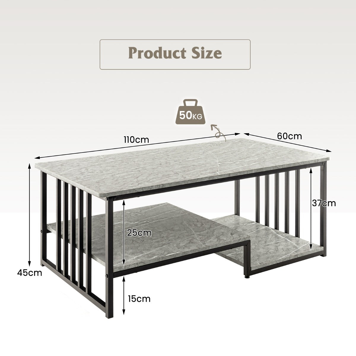 Costway Rectangular 2-Tier Faux Marble Coffee Table with Open Storage Shelf