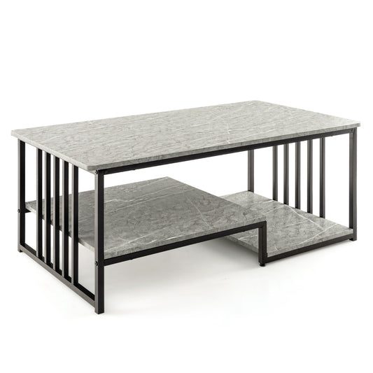 Costway Rectangular 2-Tier Faux Marble Coffee Table with Open Storage Shelf