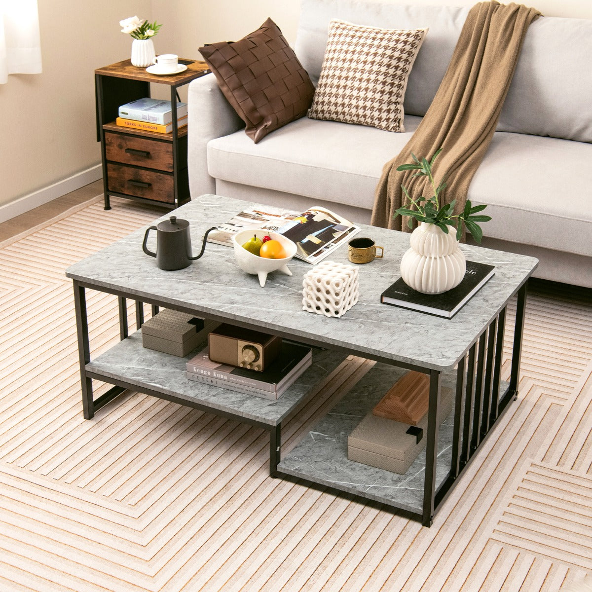 Costway Rectangular 2-Tier Faux Marble Coffee Table with Open Storage Shelf