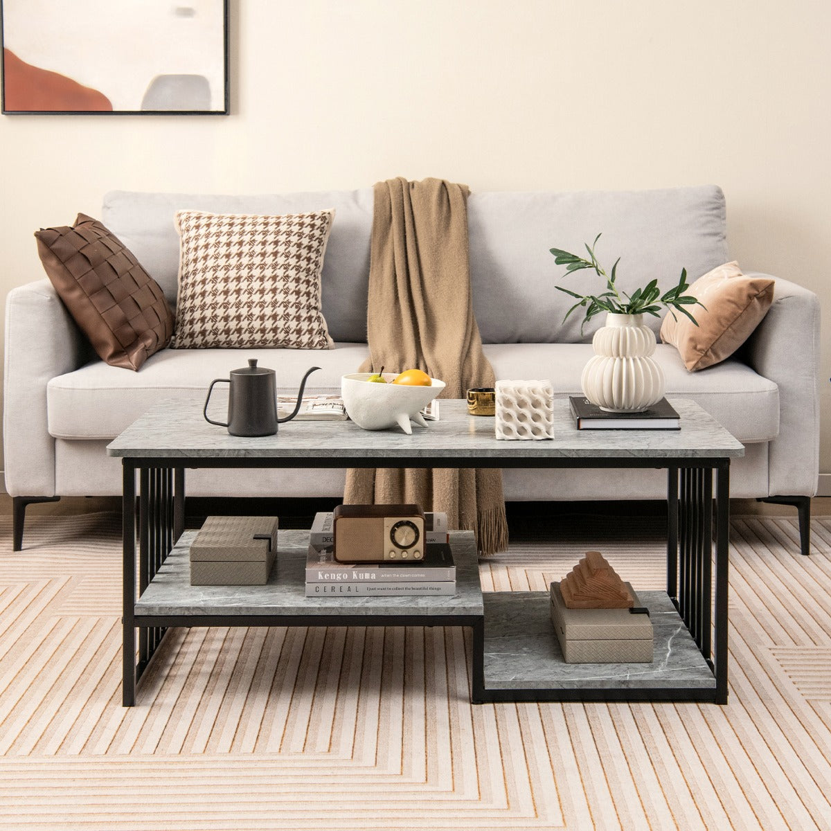 Costway Rectangular 2-Tier Faux Marble Coffee Table with Open Storage Shelf