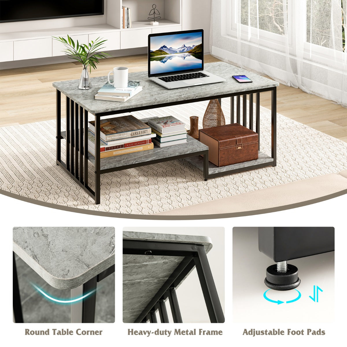 Costway Rectangular 2-Tier Faux Marble Coffee Table with Open Storage Shelf
