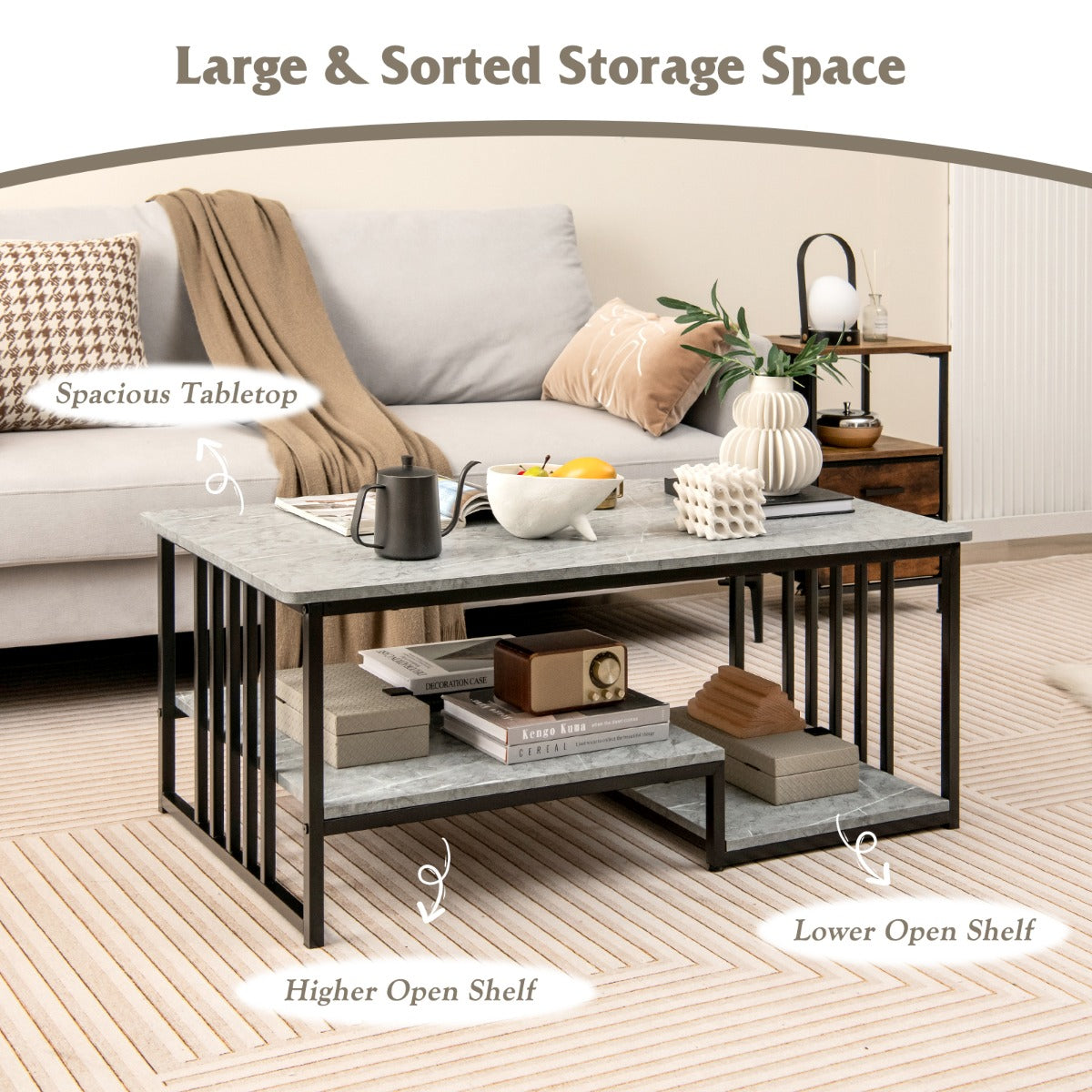 Costway Rectangular 2-Tier Faux Marble Coffee Table with Open Storage Shelf