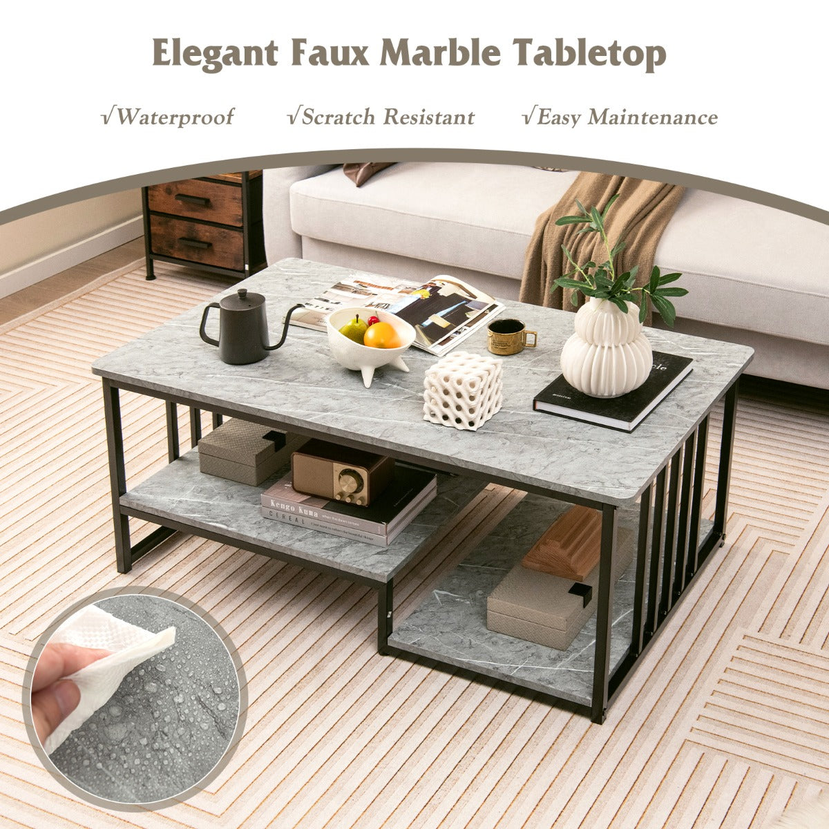 Costway Rectangular 2-Tier Faux Marble Coffee Table with Open Storage Shelf
