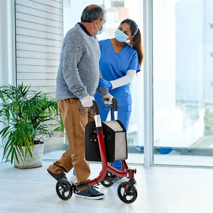 Aluminium Foldable 3-Wheel Rollator Walker with Adjustable Handle, Brakes-Red