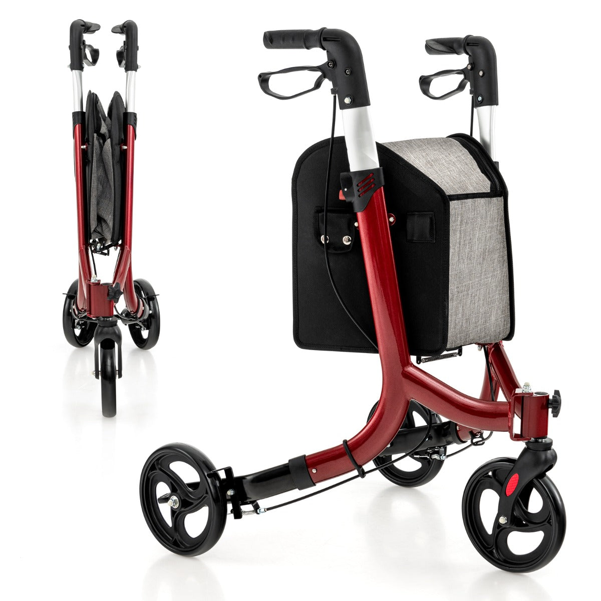 Aluminium Foldable 3-Wheel Rollator Walker with Adjustable Handle, Brakes-Red