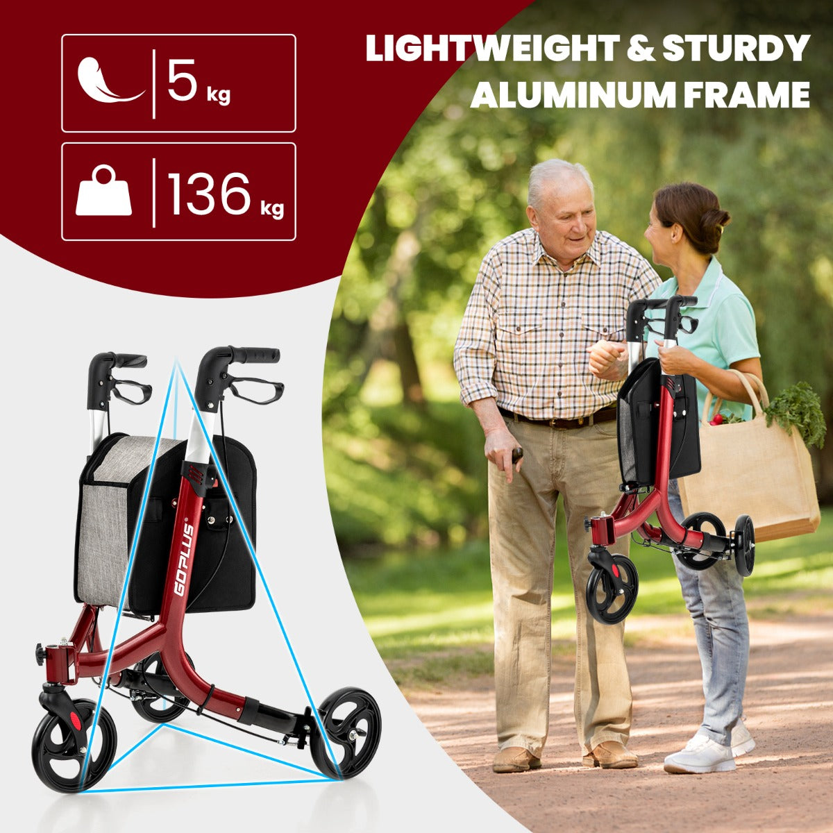 Aluminium Foldable 3-Wheel Rollator Walker with Adjustable Handle, Brakes-Red