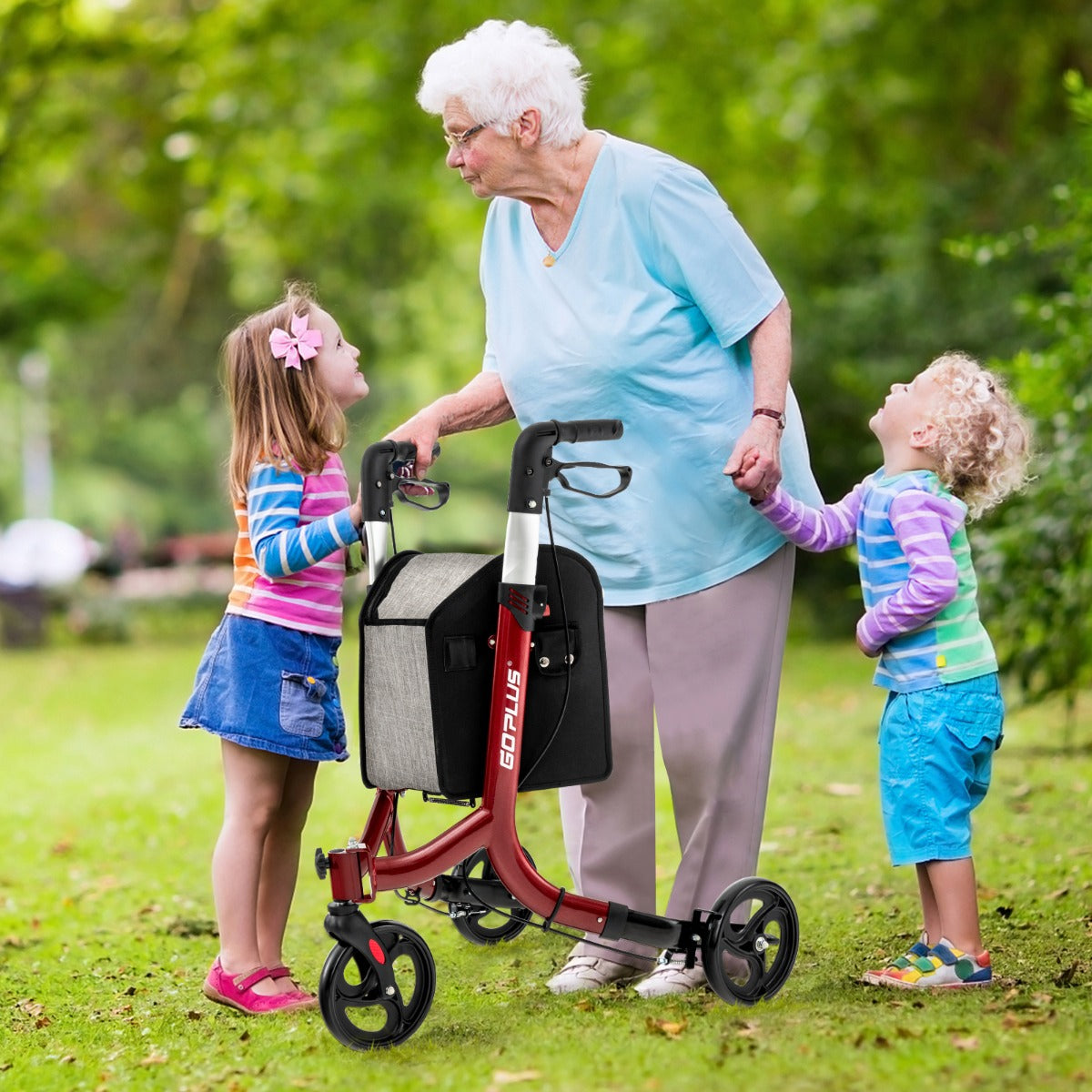 Aluminium Foldable 3-Wheel Rollator Walker with Adjustable Handle, Brakes-Red