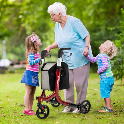Aluminium Foldable 3-Wheel Rollator Walker with Adjustable Handle, Brakes-Red