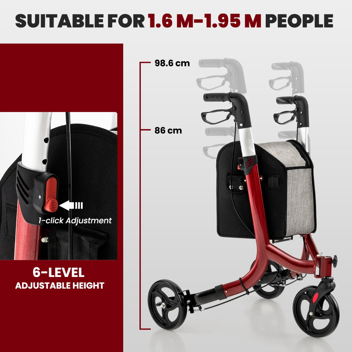 Aluminium Foldable 3-Wheel Rollator Walker with Adjustable Handle, Brakes-Red
