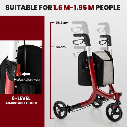 Aluminium Foldable 3-Wheel Rollator Walker with Adjustable Handle, Brakes-Red