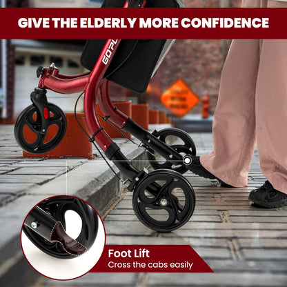 Aluminium Foldable 3-Wheel Rollator Walker with Adjustable Handle, Brakes-Red