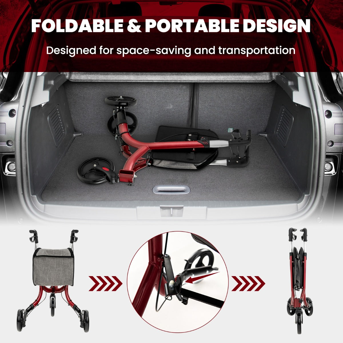 Aluminium Foldable 3-Wheel Rollator Walker with Adjustable Handle, Brakes-Red