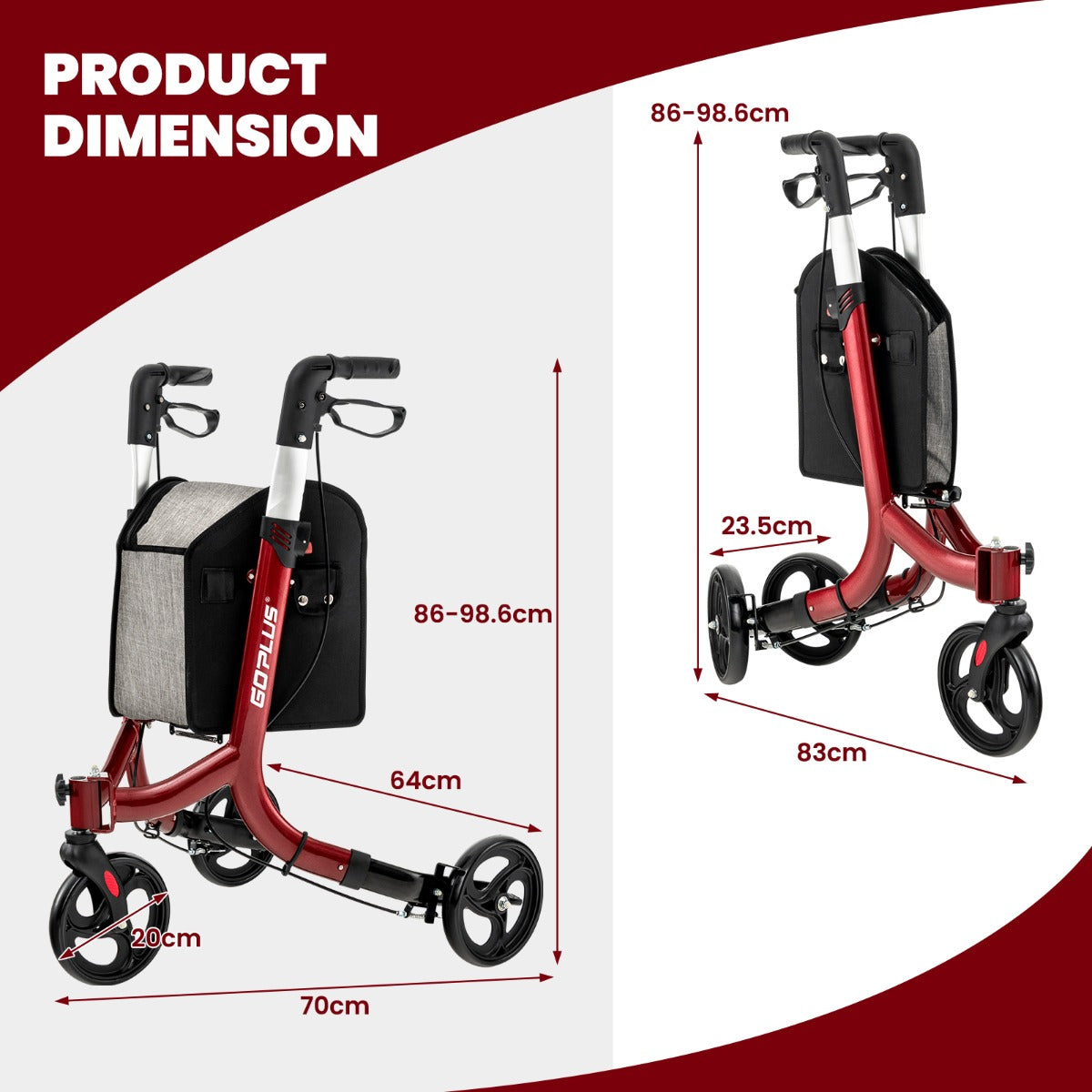 Aluminium Foldable 3-Wheel Rollator Walker with Adjustable Handle, Brakes-Red