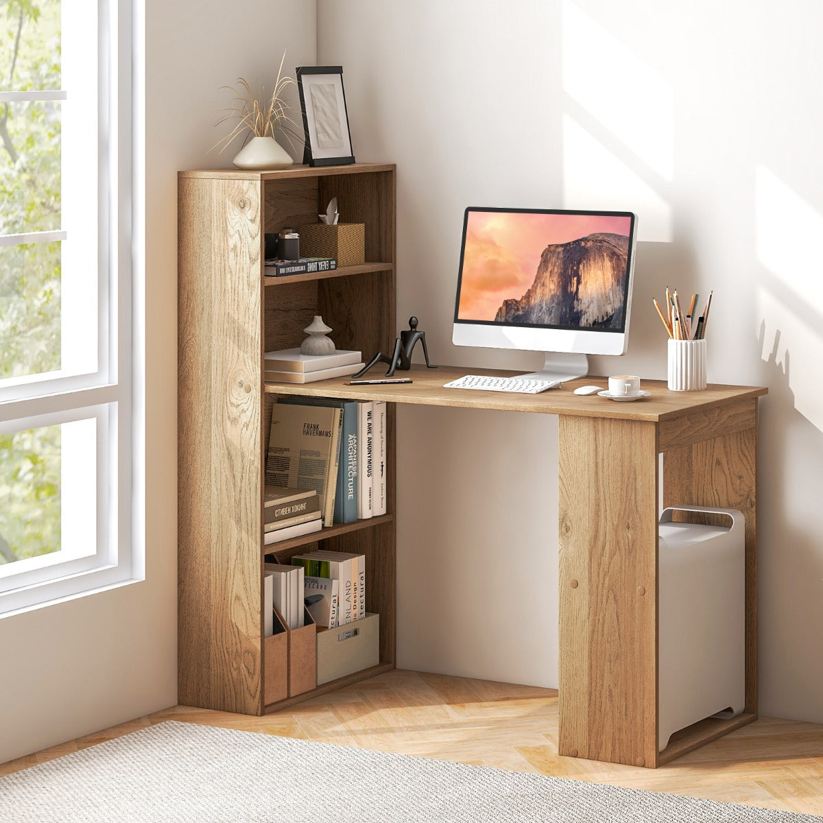 120cm Computer Desk with Bookcase Home Office Workstation with 4-Tier Bookshelf and CPU Stand-Natural