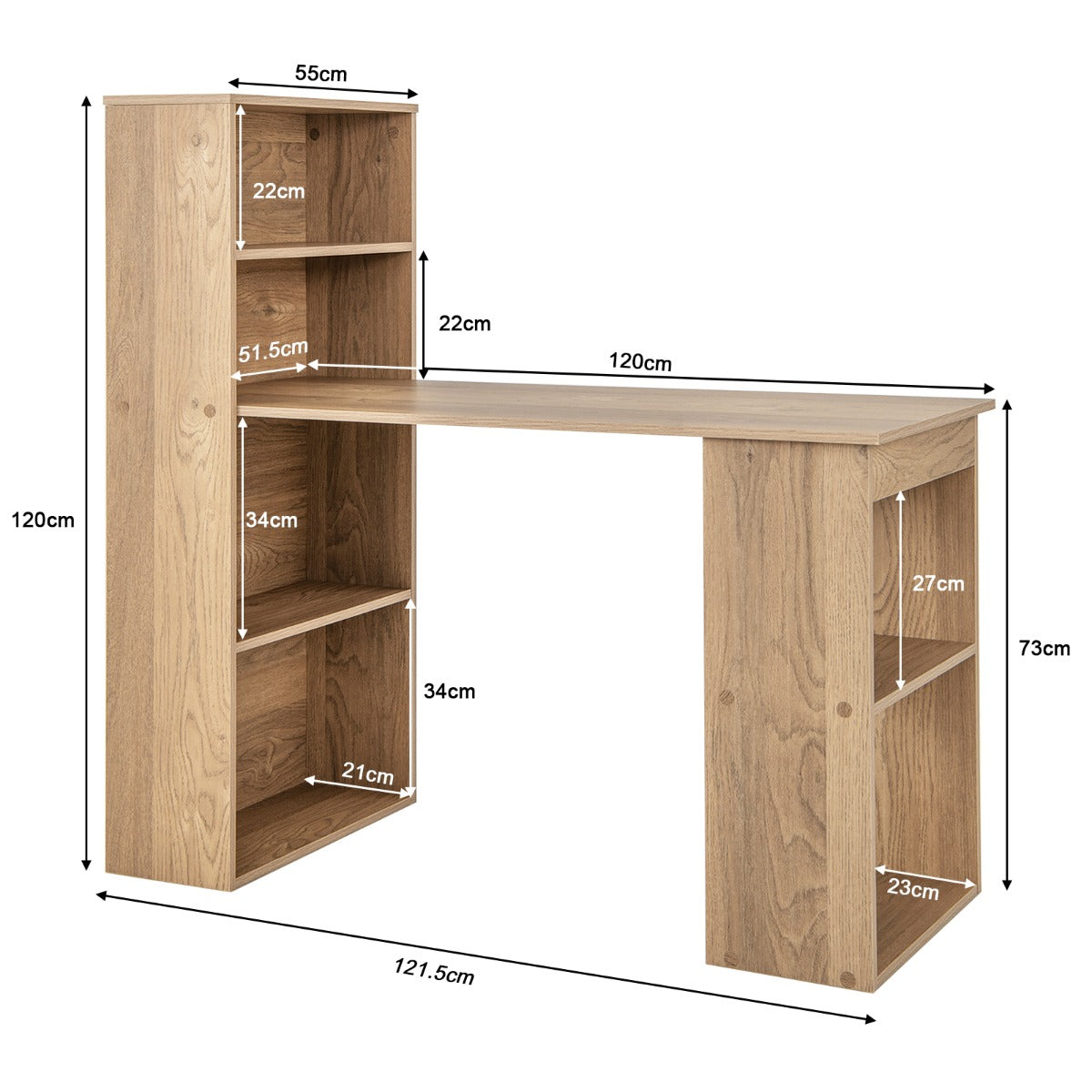 120cm Computer Desk with Bookcase Home Office Workstation with 4-Tier Bookshelf and CPU Stand-Natural