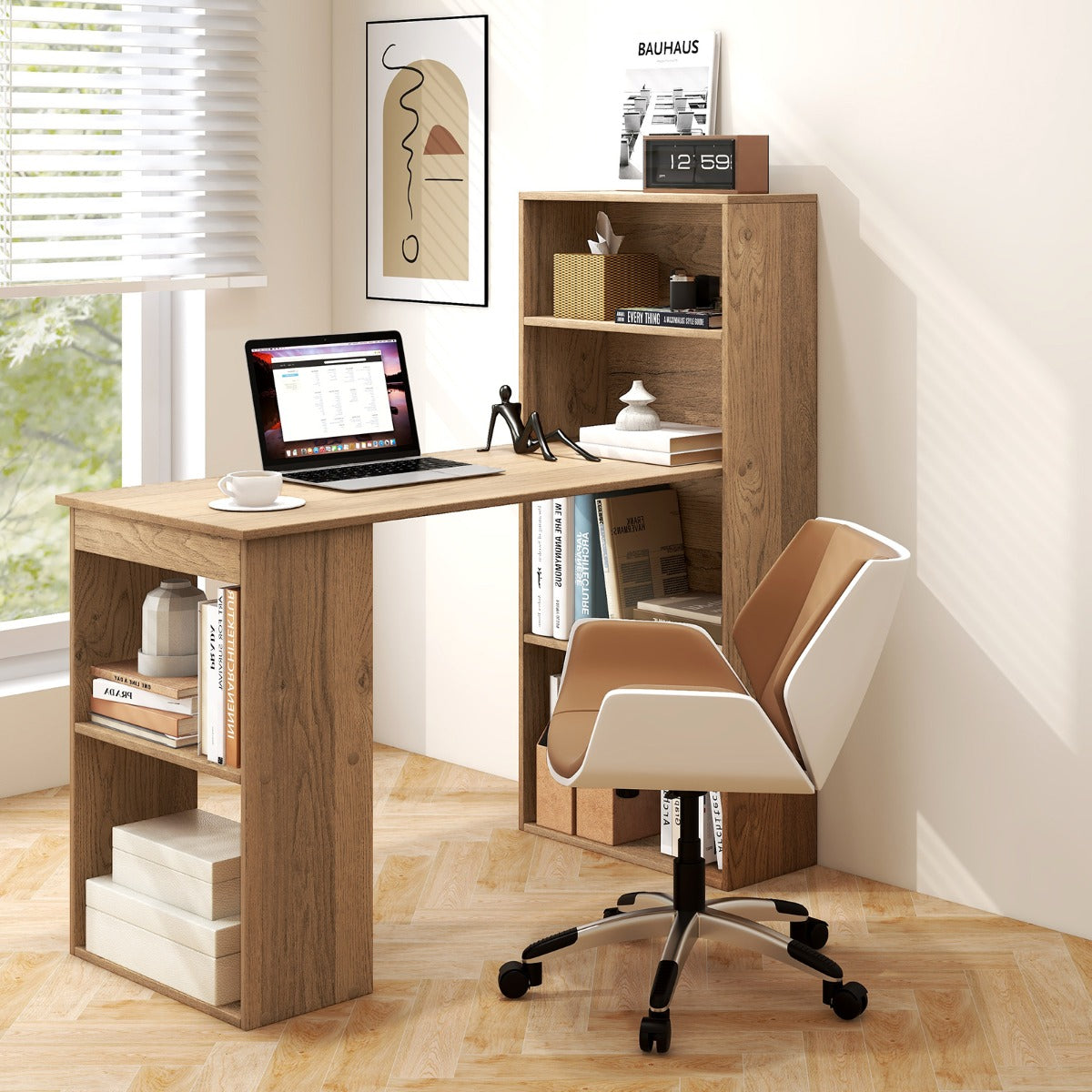 120cm Computer Desk with Bookcase Home Office Workstation with 4-Tier Bookshelf and CPU Stand-Natural