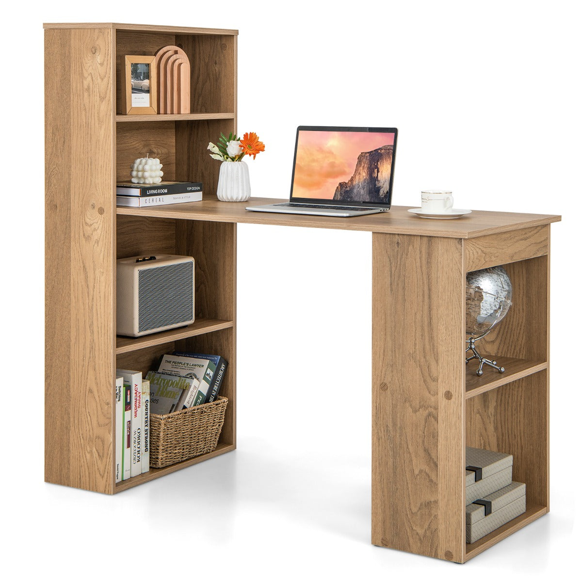 120cm Computer Desk with Bookcase Home Office Workstation with 4-Tier Bookshelf and CPU Stand-Natural
