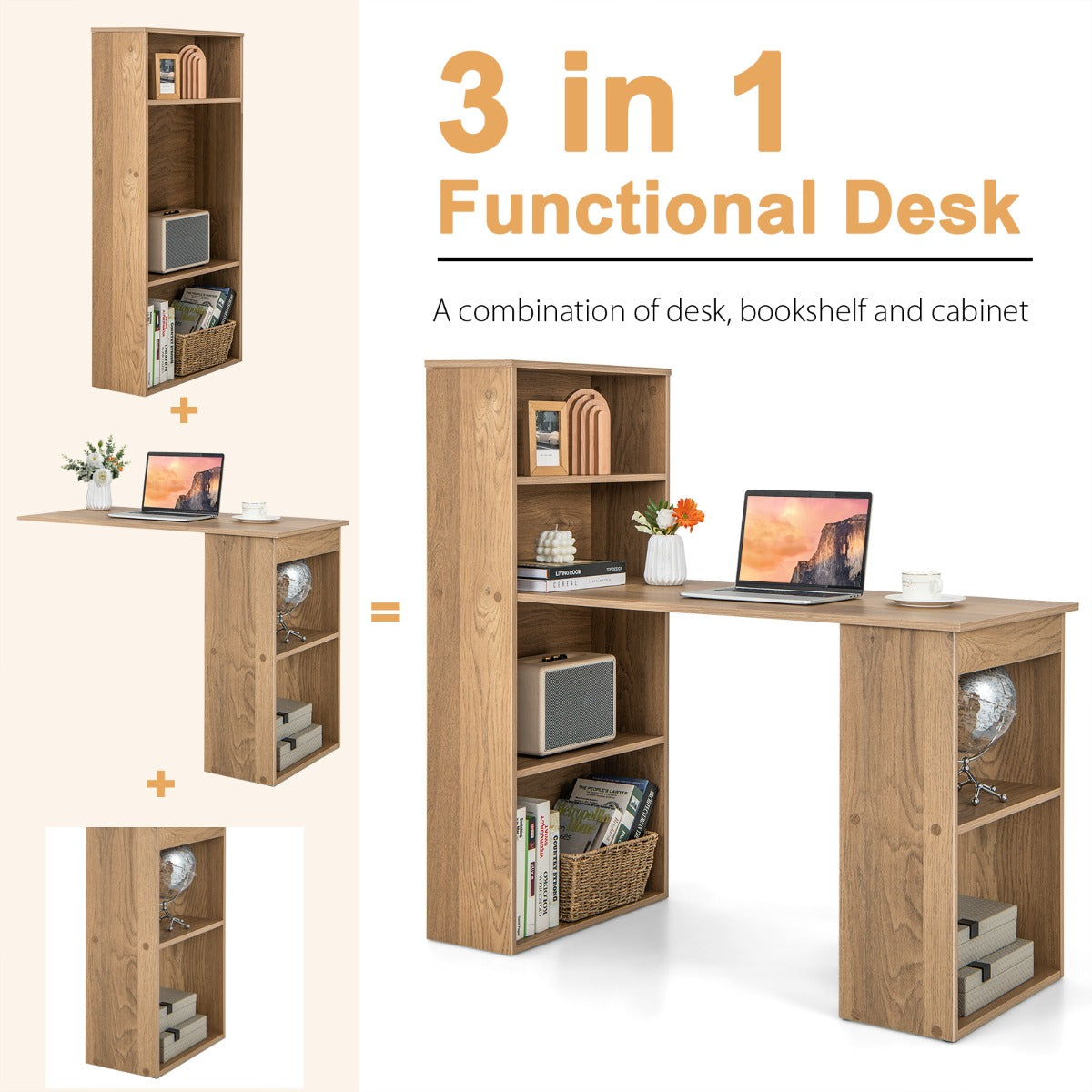 120cm Computer Desk with Bookcase Home Office Workstation with 4-Tier Bookshelf and CPU Stand-Natural
