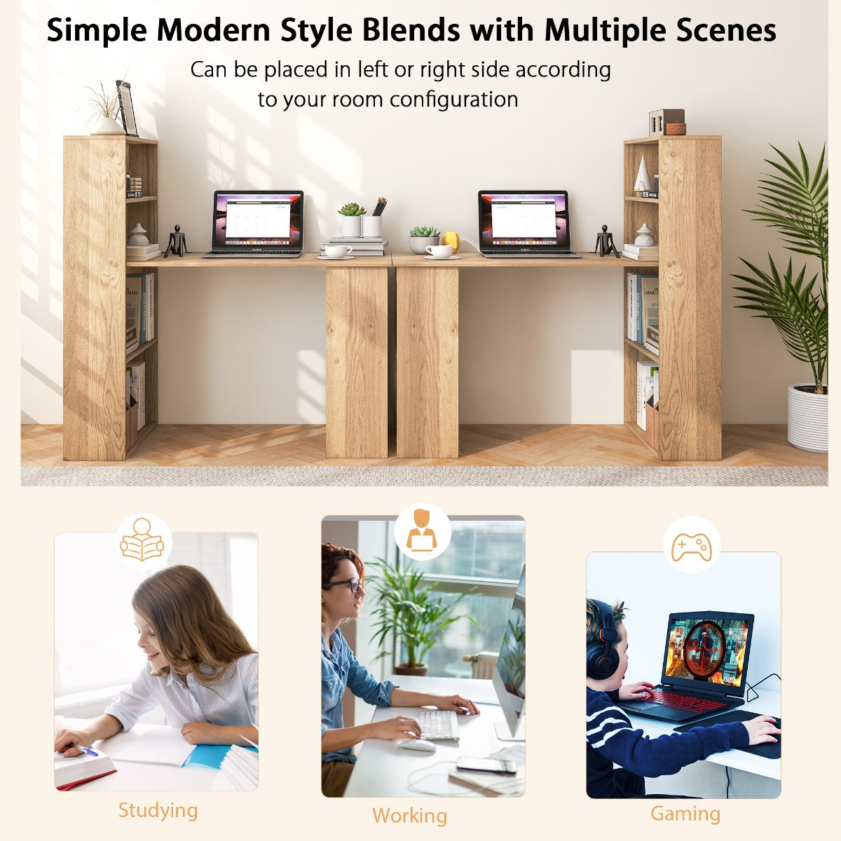120cm Computer Desk with Bookcase Home Office Workstation with 4-Tier Bookshelf and CPU Stand-Natural