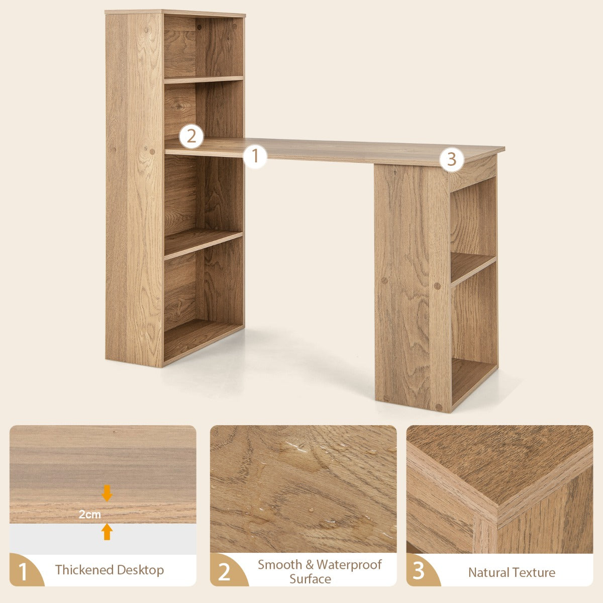 120cm Computer Desk with Bookcase Home Office Workstation with 4-Tier Bookshelf and CPU Stand-Natural