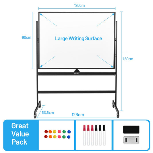 Large double-sided magnetic whiteboard with adjustable height, flip function and mobile rolling stand