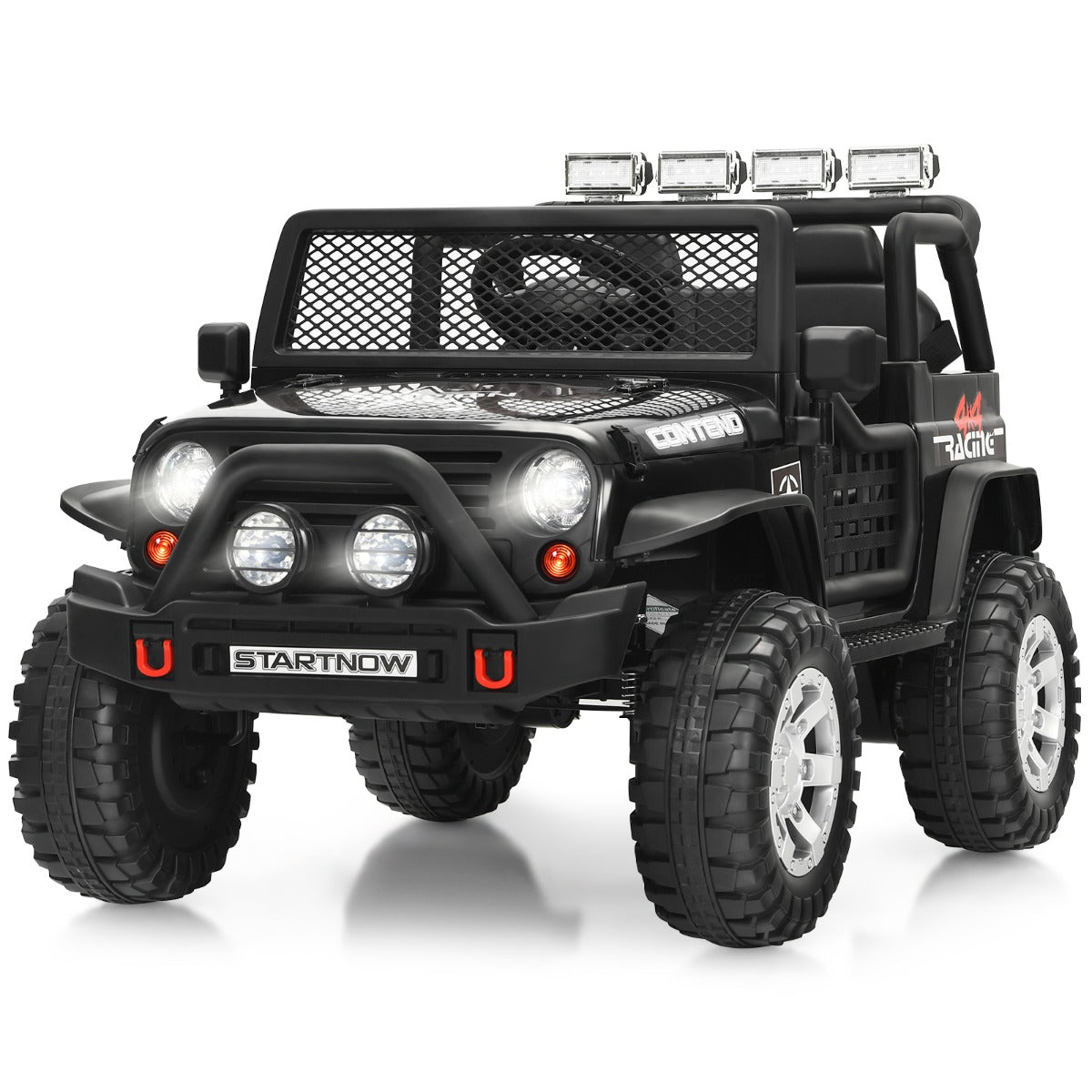 Children's electric ride-on vehicle with realistic openable doors, grille window, steering wheel, and lights