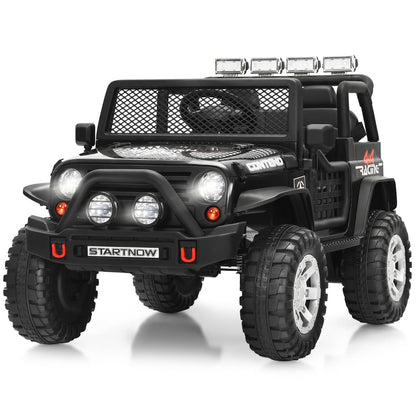 Children's electric ride-on vehicle with realistic openable doors, grille window, steering wheel, and lights
