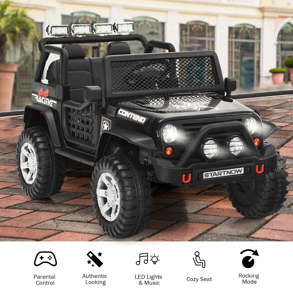 Black or pink ride-on truck with forward, reverse, rocking mode, music, radio, MP3, and USB functions