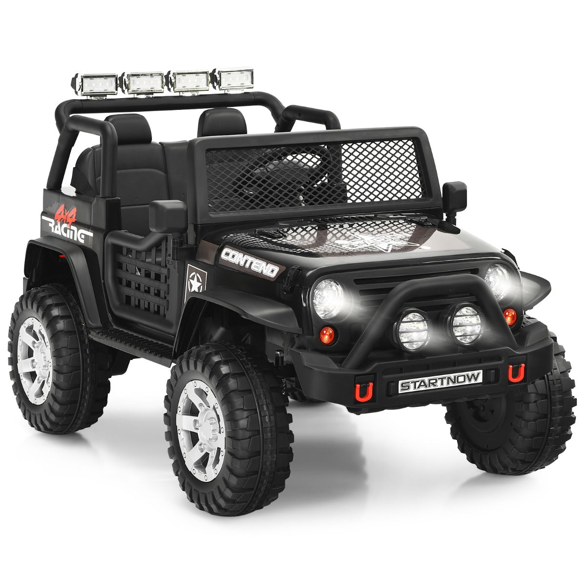 Comfortable ride-on car with ample seat, safety belt, locking doors, and convenient under-car handle