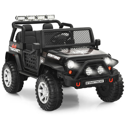 Comfortable ride-on car with ample seat, safety belt, locking doors, and convenient under-car handle