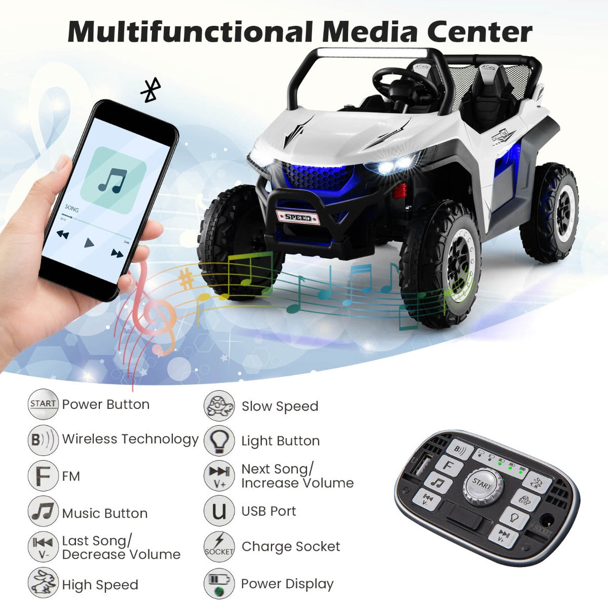 12V 2-Seater Kids Ride On Car  with Light Music &amp; Electric Remote Control-White