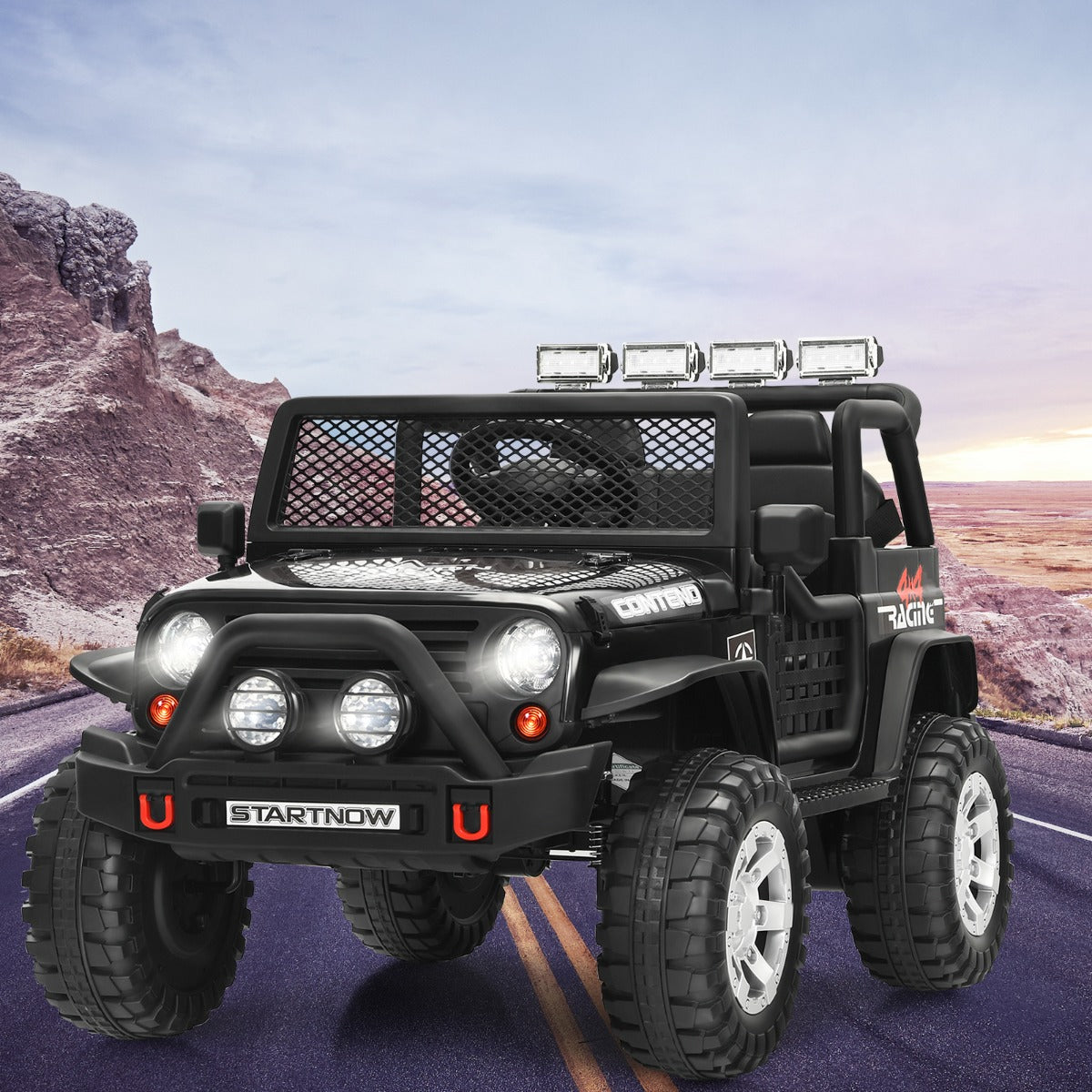 Electric ride-on vehicle with roaring start sound, flashing lights, horn, radio, and multiple audio options