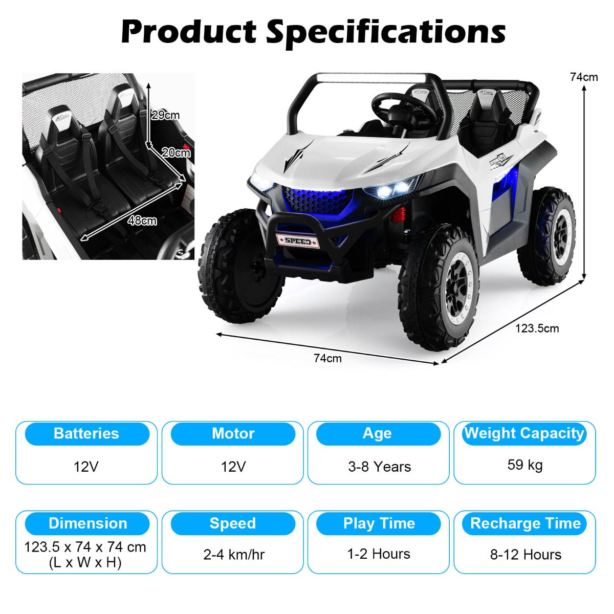 12V 2-Seater Kids Ride On Car  with Light Music &amp; Electric Remote Control-White