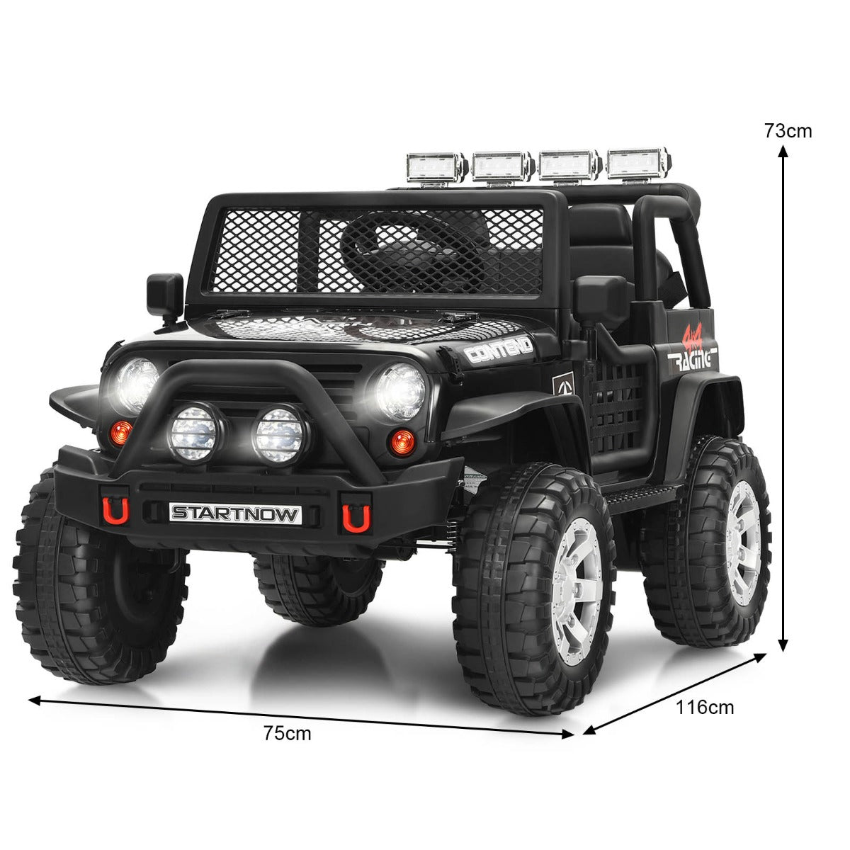 12V kids ride-on truck with front and rear spring suspension, slow start, and secure safety belt