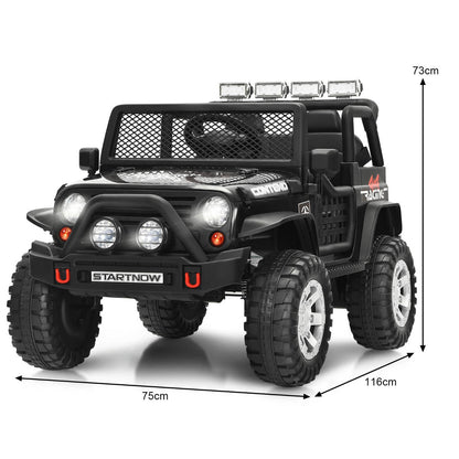 12V kids ride-on truck with front and rear spring suspension, slow start, and secure safety belt