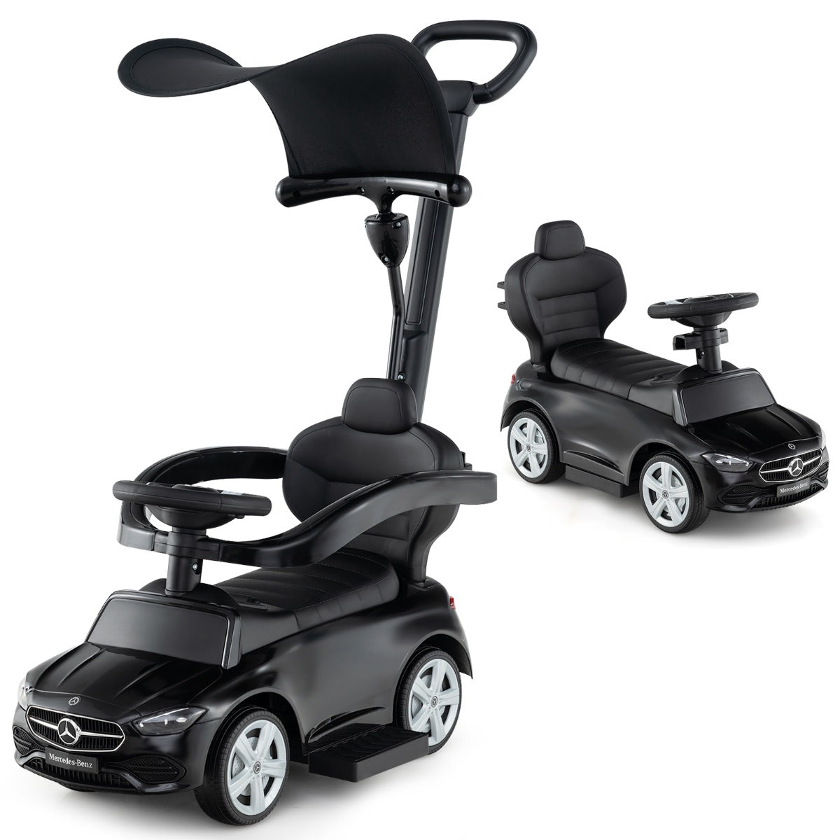 3-in-1 Ride on Push Car with Adjustable Canopy and Steering Push Bar-Black