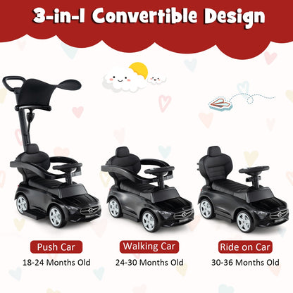3-in-1 Ride on Push Car with Adjustable Canopy and Steering Push Bar-Black